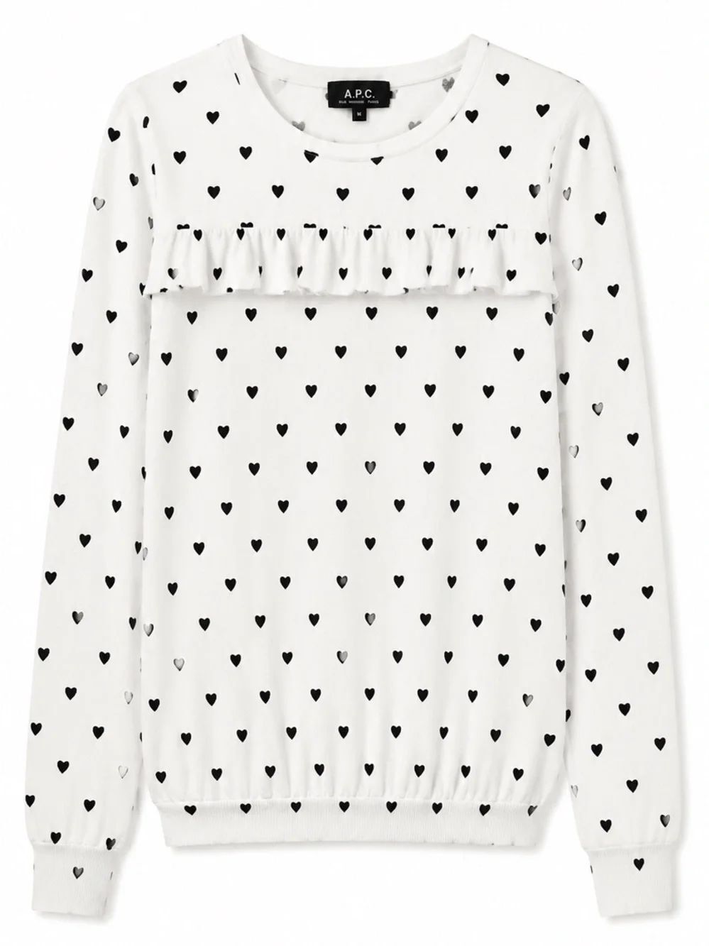 A.P.C. White Long Sleeve Heart-Print Ruffle Top